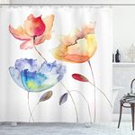 Ambesonne Watercolor Flower Shower Curtain, Summer Flowers in Retro Style Painting Effect Nature is Art, Cloth Fabric Bathroom Decor Set with Hooks, 69" W x 70" L, Orange Blue Red