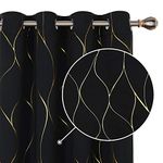 Deconovo Blackout Curtains, Eyelet Curtains, Gold Wave Foil Printed Curtains Thermal Insulated for Bedroom, 66 x 54 Inch (Width x Length), Black, One Pair