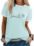 Dresswel Womens T-Shirt Cute Funny Smile Face Graphic Print Tee Shirts Summer Tops(Sky Blue, XL)