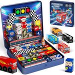 burgkidz Magnetic Blocks Boys Travel: 48PCS Racing Magnetic Building Blocks in 2-in-1 Travel Tin Case - N32 Magnets Stay Put on Bumpy Car Rides - Road Trip Toys for Boys 3-8