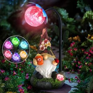 Sinhra Garden Gnomes Statue Decor, 9.4'' Resin Gnome Figurine with Colorful Gradent Solar LED Lights,Outdoor Decorations for Patio Yard Lawn Porch,Ornament(Blue)
