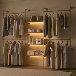 DABILONGC Industrial Pipe Clothing Rack with LED Lights& Shelves,Gold