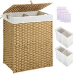 Greenstell Laundry Hamper with Lid, No Install Needed 110L 2 Sections Clothes Hamper with 2 Removable Liner Bags, Handwoven Foldable Synthetic Rattan Clothes Storage Hamper, Natural