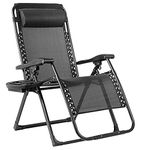 COSTWAY Folding Zero Gravity Chair, Oversized Patio Recliner Sun Lounger with Removable Pillow and Side Tray, Portable Outdoor Chaise Lounge for Garden Deck Poolside Beach (Black)