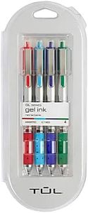 TUL Retractable Gel Pens, Medium Point, 0.7 mm, Silver Barrel, Assorted Inks, 4-Pack (Blue, Red, Green and Sky Blue)