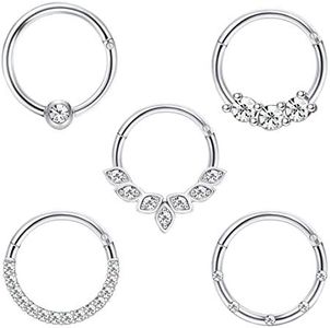 Drperfect Daith Earrings 16G Stainless Steel Cartilage Helix Tragus Nose Hoop Piercing Jewelry 8MM Silver CZ Hinged Septum Clicker Rings