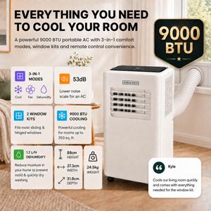 Olsen & Smith 3-in-1 Portable Air Conditioner – 9000 BTU, Fan, Dehumidifier, Remote