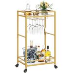 Lifewit Drink Trolley, Bar Cart on Lockable Wheels, Rolling Serving Trolley with 2 Tier Mirrored Shelves, Wine Alcohol Trolley with Glass Holder, Cocktail Beer Trolley for Kitchen Living Room, Gold