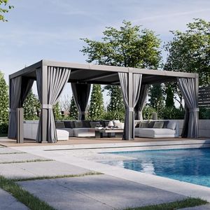 Aoxun Louvered Pergola 12x20 All-Aluminum Outdoor Gazebo with Independent Adjustable Roofs, Waterproof Curtains and Netting, Integrated Drainage System for Patios & Backyard