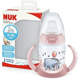 NUK First Choice+ Biberon d'apprentissage | 6 à 18 mois | 150 ml | Indicateur de température | Valve anti-colique | Bec anti-fuite | Poignées ergonomiques | Sans BPA | Disney Winnie l'ourson (rose)