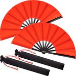 Large Folding Silk Hand Fan Hand Folding Fans Chinese Tai Chi Folding Fan for Men and Women Performance, Dance, Decorations, Festival, Gift (Red, 2 Packs)