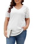 Halife Women's Plus Size Tops V Neck Summer Blouse Short Lace Sleeve Waffle Knit Shirts, White, XL