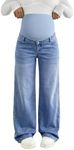 BLENCOT Maternity Jeans for Women Wide Leg Stretchy Over The Belly Pregnancy Work Denim Pants Light Blue L