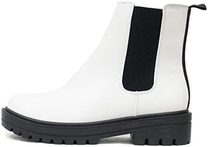 Soda Pilot ~ Women Lug Sole Low Heel Chelsea Fashion Ankle Bootie w/Double Elastic Gore, White, 8.5