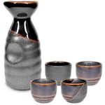 Mino Ware Traditional Japanese Sake Set, Tokkuri Bottle and 4 Ochoko Cups, Black Kuro Oribe