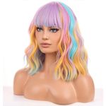 BERON Rainbow Wigs Short Wavy Womens Wig with Bangs Curly Hair Wigs Synthetic Wigs Halloween Party Use