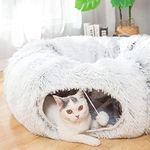 LUCKITTY Warm Fluffy Plush Cat Dog Tunnel Bed with Washable Cushion-Big Tube Playground Toys 3 FT Diameter Longer Crinkle Collapsible 3 Way, for Indoor Cat Kitty Kitten Puppy Rabbit Ferret White