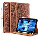 Gexmil Leather Case for iPad Air 11 Inch M2 2024,iPad Air 10.9 Inch 5th/4th Genration 2022/2020,Genuine Leather Folio Cover Stylus Holder Shockproof Adjustable Stand Auto Wake/Sleep,Flower Brown