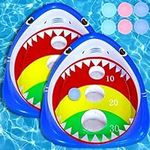 2 Pack Pool Shark Cornhole Board Games Toys Set, Summer Inflatable Shark Floating Swimming Pool Ring Toss Toys for Kids Adults Family for Pool Party Water Carnival…