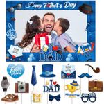 Happy Father's Day Photo Booth Props Frame Father's Day Best Dad Birthday Party Blue Funny Selfie Pose Signs Photo Props for Photoshoot Accessories Thank You Dad Photography Decor Supplies