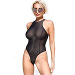 Touch Secret Black Sheer one Piece Swimsuit High Neck Thong Monokini See Through Bodysuit, Black, Small