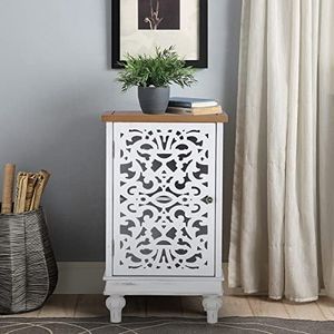 Sophia & William Accent Cabinet Small with Single Door, 31.5" Tall Side End Table, Distressed Nightstand with Wooden Frame and Hollow Carved Door, White