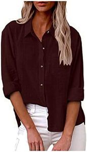 Womens Button Down Shirt Cotton Linen Shirt 2025 Summer Casual Long Sleeve Solid Color Shirts Loose Work Tops with Pockets