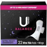 U by Kotex Balance Ultra Thin Overnight Pads with Wings, Extra Heavy Absorbency, 22 Count (Packaging May Vary)