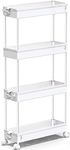 SPACEKEEPER Storage Trolley 4-Tier Slim Storage Cart Slide Out Rolling Utility Organizer Cart Mobile Shelving Unit for Kitchen Bathroom Laundry Office, Plastic, White