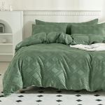 JELLYMONI Green Duvet Cover Set Queen Size - Microfiber Tufted, Boho Textured, Jacquard Rhombus Geometric Pattern Duvet Cover with Corner Ties & Zipper Closure