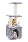 Cat Tree, 90cm Cat Scratching Post, Multi-Level Stable Cat Tower with Cat House, Cat Tree for Indoor Cats for Climbing Playing and Relaxation, Grey