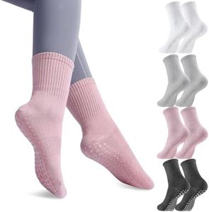 Provone 4 Pairs Non Slip Yoga Socks for Women Girls with Grips Pilates Socks,Anti Skid Socks Grip Socks Long Cotton Slipper Socks for Yoga Ballet Pilates Barre Workout Sporting, Size 6.5-10