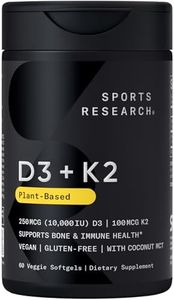Sports Research® Vegan D3 10,000iu with Vitamin K2 100mg - Formulated with Coconut MCT Oil - Vegan Certified, Soy & Gluten Free - 60 Softgels