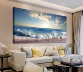 Large Sea Canvas Wall Art for Living Room Decoration Sunset Beach Canvas Artwork Waves Nature Canvas Pictures for Bedroom Office Home Wall Decor Framed Ready to Hang 60 x 120cm