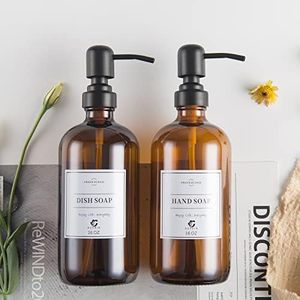 Duvein 2 Pack Amber Glass Soap Dispenser,Rustproof Stainless Steel Pump,16oz Thick Farmhouse Amber Bottles Jar for Bathroom Kitchen Accessories,Lotion Dispenser Pump Glass Bottle (Matte Black)