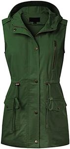 MixMatchy Women's Hooded Adjustable Drawstring Utility Pocket Anorak Safari Jacket Vest, Army Green, Small