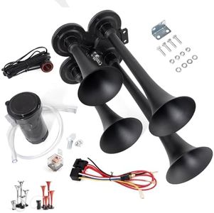 FARBIN Truck Air Horn 150DB Train Horn 12V 4 Trumpet Car Horn for Truck Super Loud Air Horns with Compressor for Vehicle Truck Car Pickup Jeep SUV Train Boat Matte Black（Black, with Air pump）