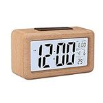 GINZER Wooden Digital Alarm Clock, Large LED Display Wood Grain Alarm Clock, Smart Sensor Night Light, Snooze and Temperature, Battery Operated, Cuboid Alarm Clock for Bedroom Office Bedside Desk