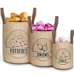 Woanger 3 Pieces Burlap Pantry Storage Baskets Lined Decorative Rustic Garlic Onions Potato Basket Potato Storage Bag Vegetable Potato Holder Storage Bin with Leather Handles for Farmhouse Kitchen