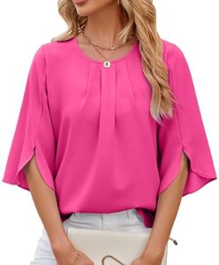 OLIPHEE Blusa De Mujer Camisa Elegante Manga De Volante Cuello Redondo Color Liso Camiseta Casual Holgada Primavera Verano Rosa Brillante L