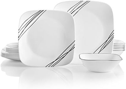 Corelle Service de Table 18 pièces pour 6 Personnes, Motif Croquis Simple, Vaisselle résistante aux éclats, Comprend des Assiettes Plates carrées de 26 cm, des Assiettes à Salade/à Dessert carrées de