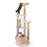 COSTWAY Cat Tree, 164cm Cats Climbing Tower with Jute Scratching Posts, Basket Bed, Dangling Balls, Hand-Woven Cattail Kitty Activity Center for Indoor Cats