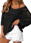 Dokotoo Women's 2024 Spring Summer Crochet Hollow Out 3/4 Sleeve Pullover Sweater Off Shoulder T-Shirts Off The Shoulder Sweater Swimsuit Coverup for Women Black X-Large