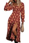 BLENCOT Womens Floral Square Neck Long Sleeve Dress Sexy Side Split Thigh Tie Front Flowy Boho Maxi Dresses Red Yellow M