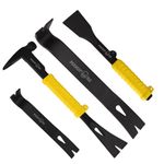 MANUFORE 4pcs Pry Bar Nail Puller Set, 12” Flat Pry Bar, 7.5” Flat Pry Bar, 12” Crow Bar with Hammer, 9” Chisel