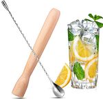 Wooden Cocktail Muddler Drinks Muddler Bar Muddler and 12 Inches Spiral Mixing Spoon Stainless Steel Shaker Spiral Spoon for Making Cocktails Drinks Juice (SET OF 2)