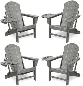 FOOWIN Folding Adirondack Chair Set of 4, HDPE Adirondack Chairs with Cup Holder, Weather Resistant Plastic Fire Pit Chairs for Outdoor, Patio, Lawn, Garden, Backyard, Deck, Grey