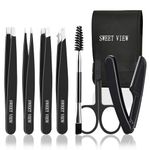 SWEET VIEW 7pcs Eyebrow Tweezers Set, Precision Plucker with Brow Scissors & Razor & Spoolie for Facial, Chin,Brow, Splinter and Ingrown Hair