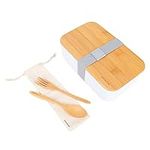 Naturoom Bento Lunch Box for Adults/Kids, Including 1 Food Container with 1 Divider, 1 Wooden Cutlery Set (1 Fork&1 Spoon) with 1 Cotton Pouch and 1 Bamboo Chopping Board Lid, BPA Free.