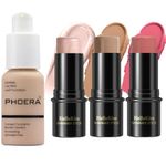 PHOERA Foundation,3 PCS Contour Stick Makeup Kit,Shades with Highlighter Stick,Blush Stick and Bronzer Contour,PHOERA Makeup Wrinkles Matte Natural Finish (102+ Fair-Light Contour/Nude +#03,#09,#12)